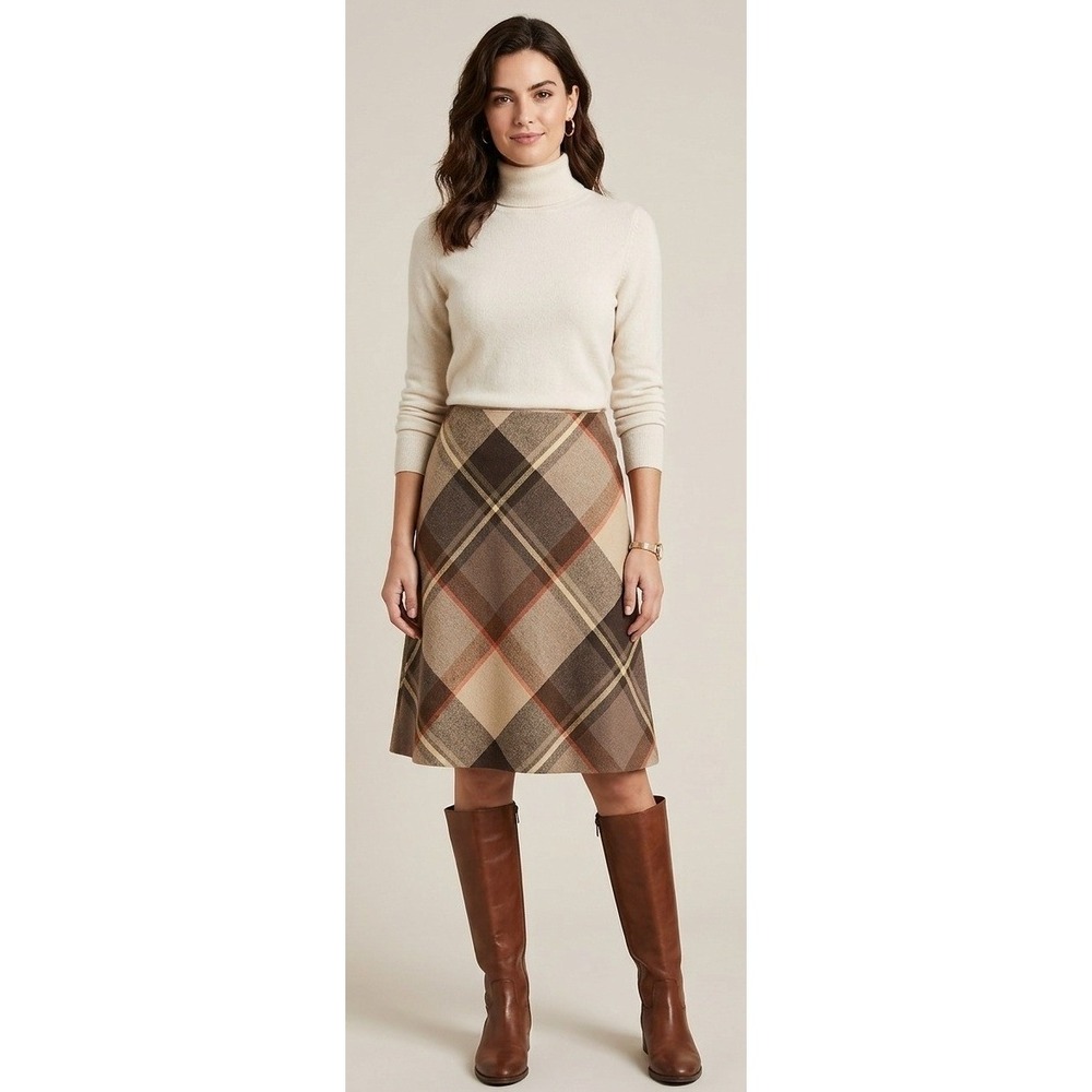 Talbots Petite Brown Plaid Tartan Wool Blend A-Line Skirt Size 10P Office Preppy